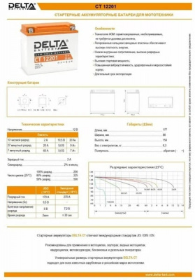 АКБ Delta СТ 12201  20 а/ч (YTX20L-BS, YTX20HL-BS, YB16L-B,  YB18L-A)