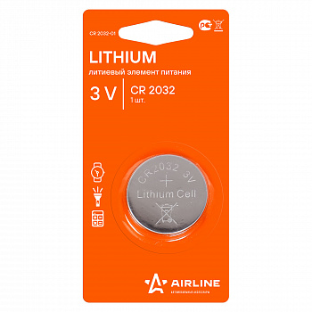 Батарейка литиевая AIRLINE Lithium CR2032 3V упаковка 1 шт. CR2032-01