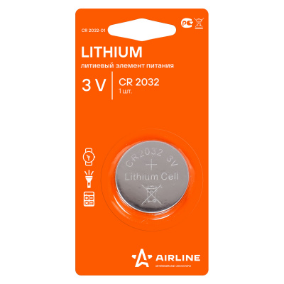 Батарейка литиевая AIRLINE Lithium CR2032 3V упаковка 1 шт. CR2032-01
